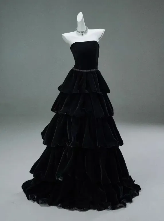 Chic Black A-line Layered Evening Dress,Black Strapless Evening Gown Y4378