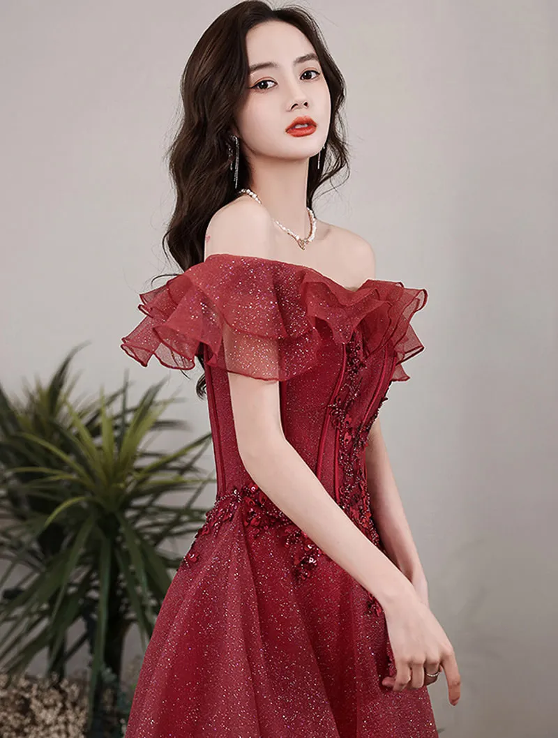 Chic Off Shoulder Sleeveless Burgundy Prom Dress Y1552