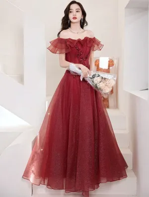 Chic Off Shoulder Sleeveless Burgundy Prom Dress Y1552